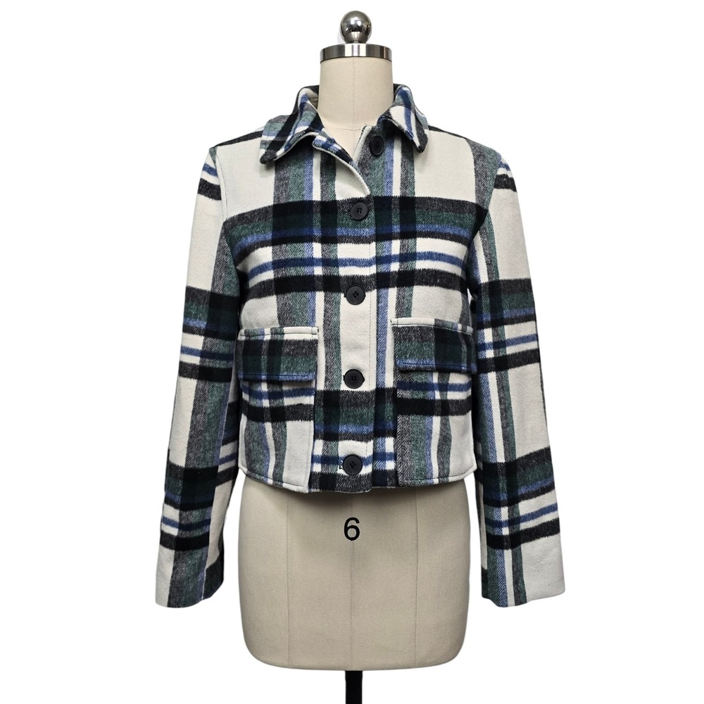 Zara Womens XS Plaid Cropped Shacket Jacket Blue Green Cream‎ Button Up 2495